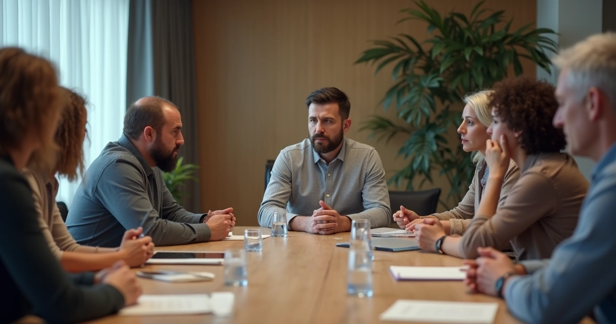 Pessoas reunidas em uma sala de reunião, olhando umas para as outras de forma atenta 