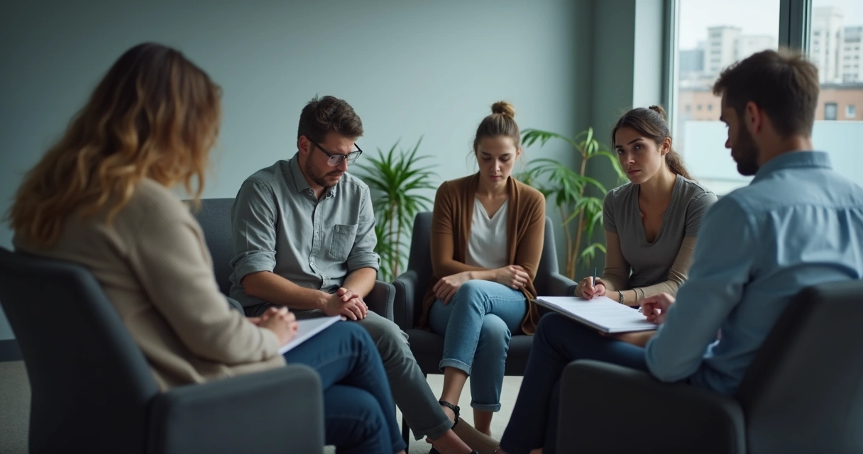 Grupo de pessoas sentadas em círculo com expressões de tristeza e cansaço 