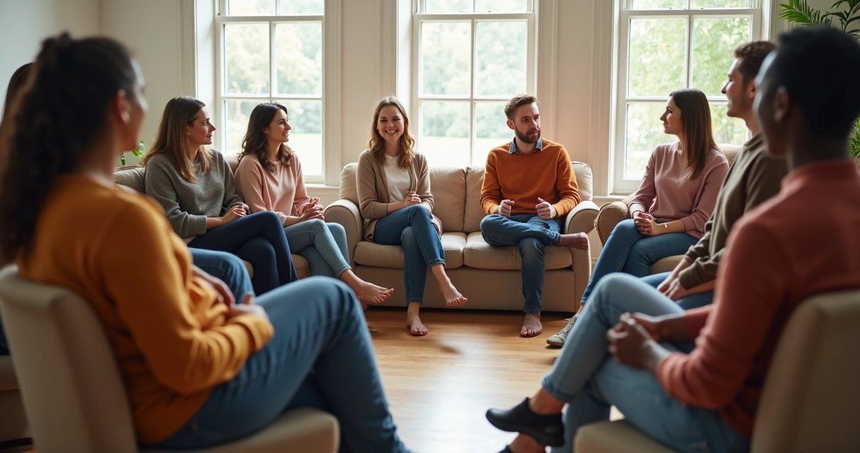 Grupo conversando sentados em círculo, expressão atenta. 