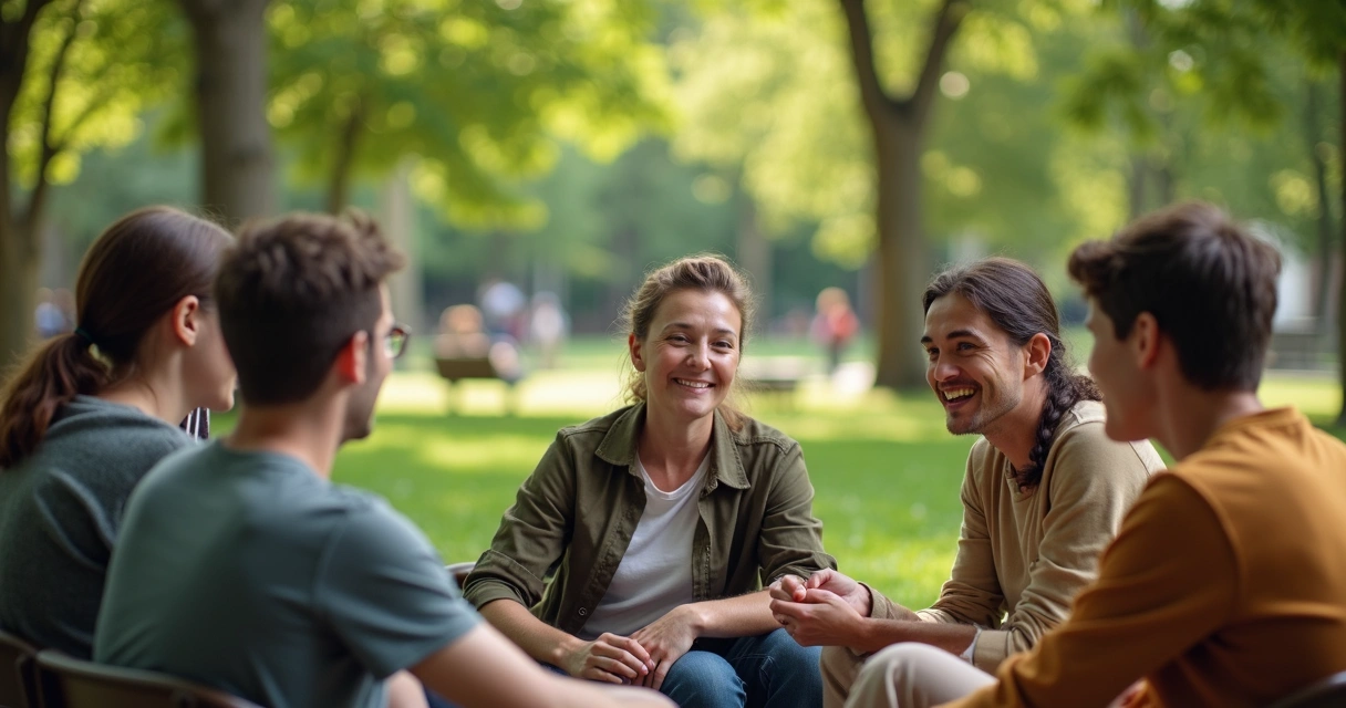 Grupo de pessoas de diferentes idades conversando em círculo no parque 