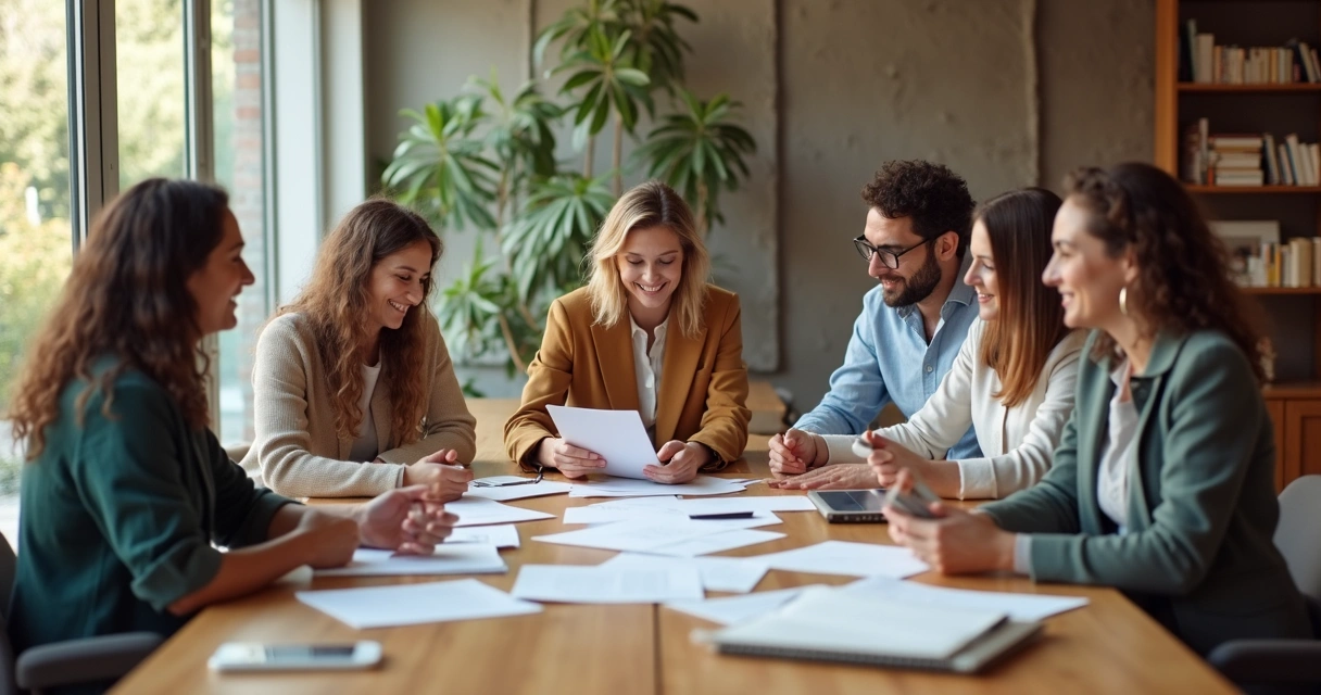 Pessoas diversas sentadas ao redor de uma mesa, colaborando em um ambiente iluminado, sinalizando união. 