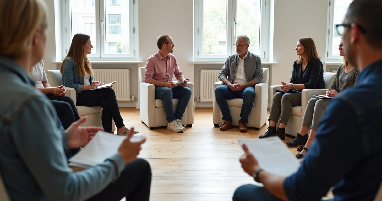 Pessoas sentadas em círculo discutindo emoções em um ambiente iluminado 