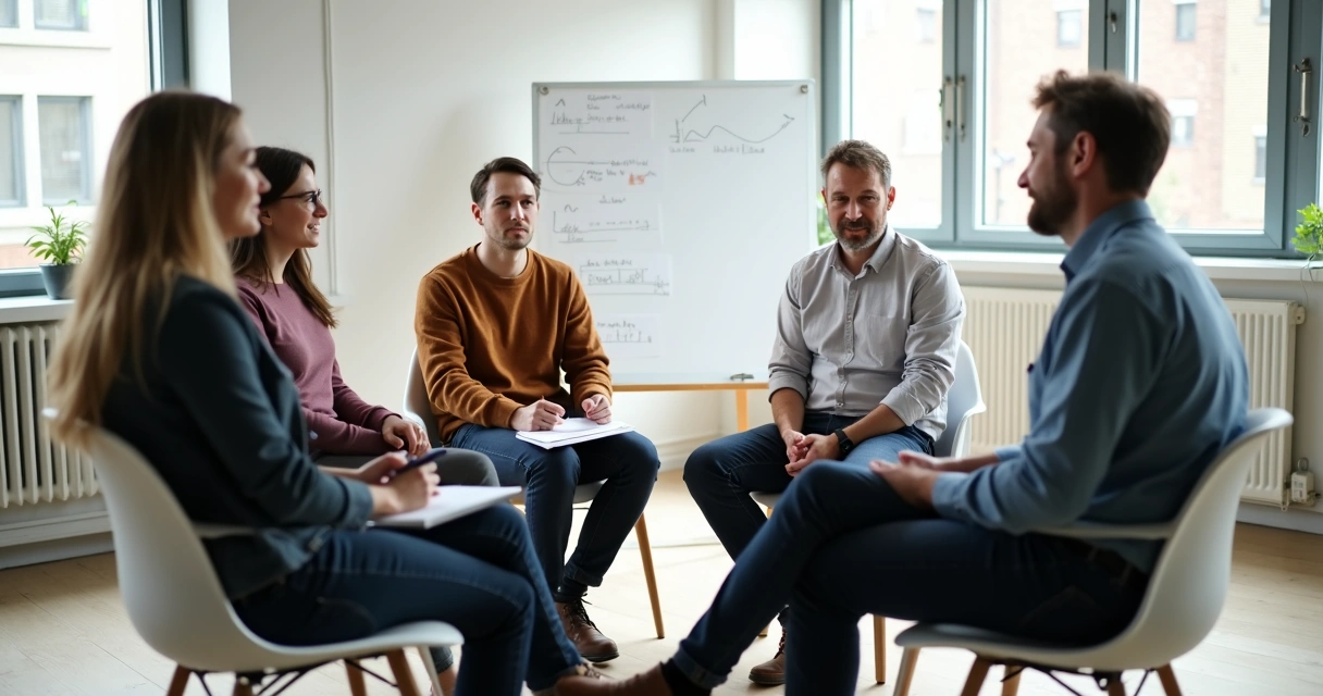Grupo reunido em cadeira em círculo discutindo em harmonia 