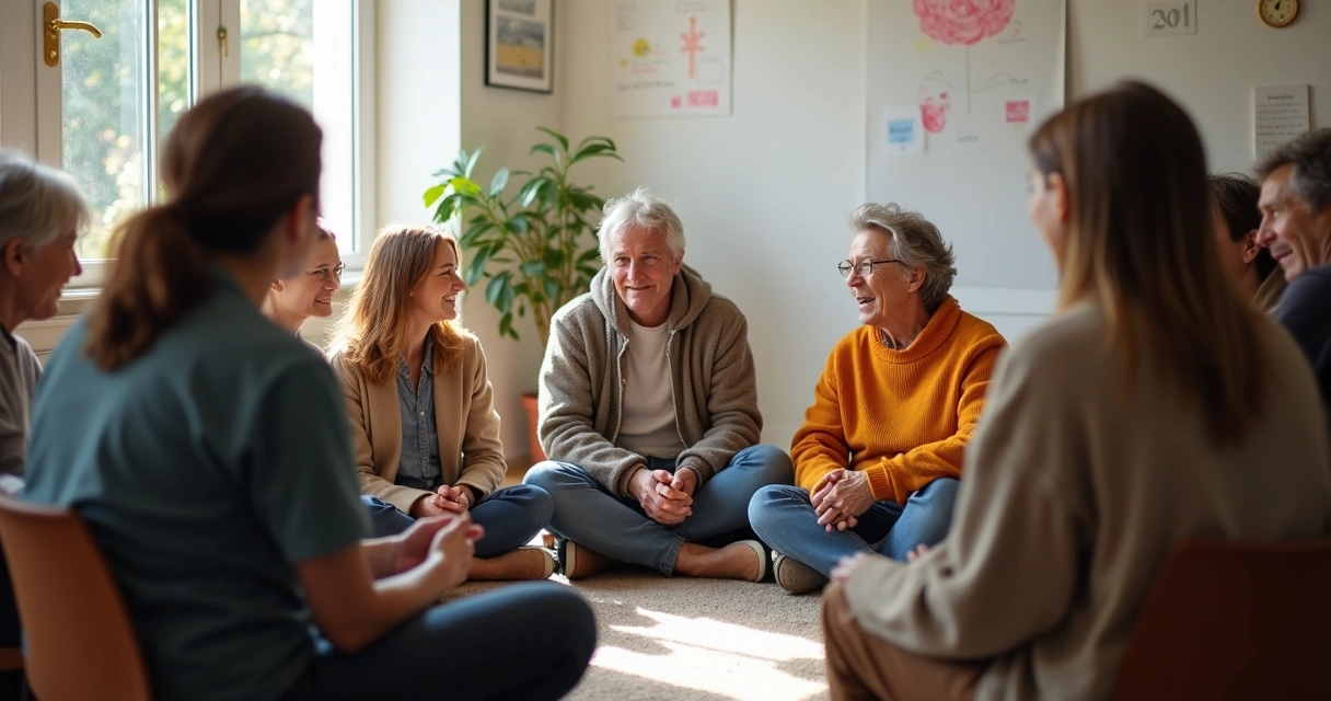 Grupo de pessoas reunidas em um círculo, discutindo em sala comunitária bem iluminada. 