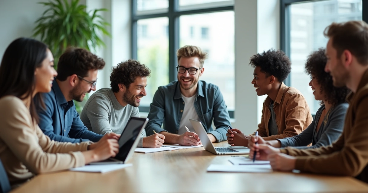 Vários membros de equipe em volta de uma mesa, discutindo com papel e celulares