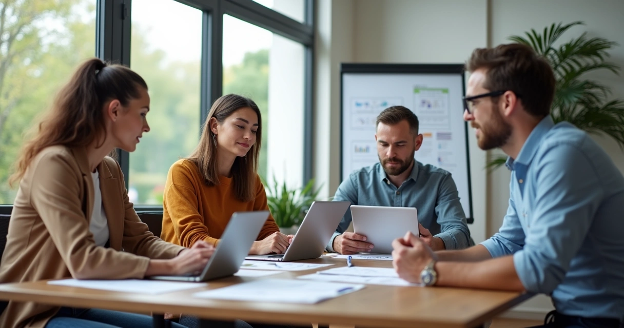 Pessoas sentadas ao redor de uma mesa discutindo juntos