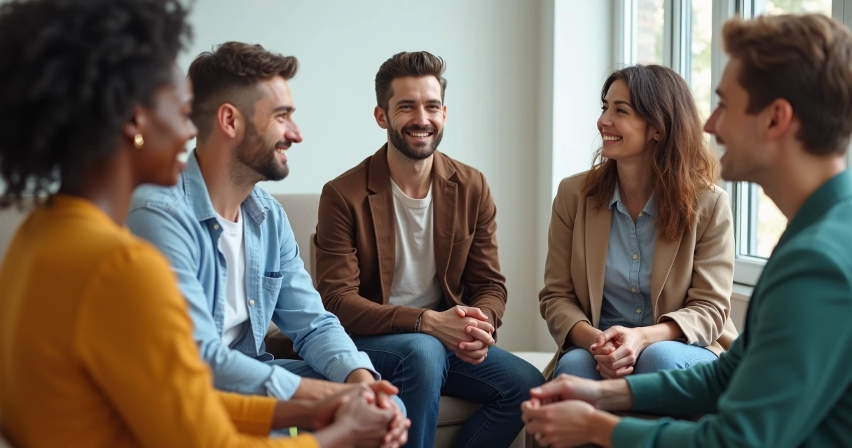 Personas sentadas en círculo compartiendo expresiones variadas