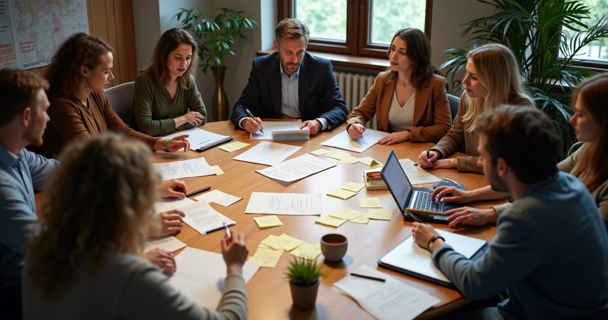 Personas reunidas alrededor de una mesa debatiendo con papeles y notas adhesivas.
