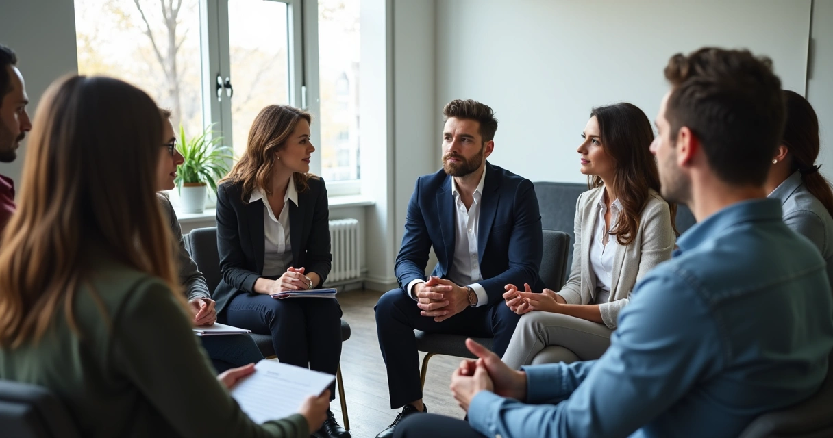 Grupo de personas conversando en círculo sobre dilemas éticos