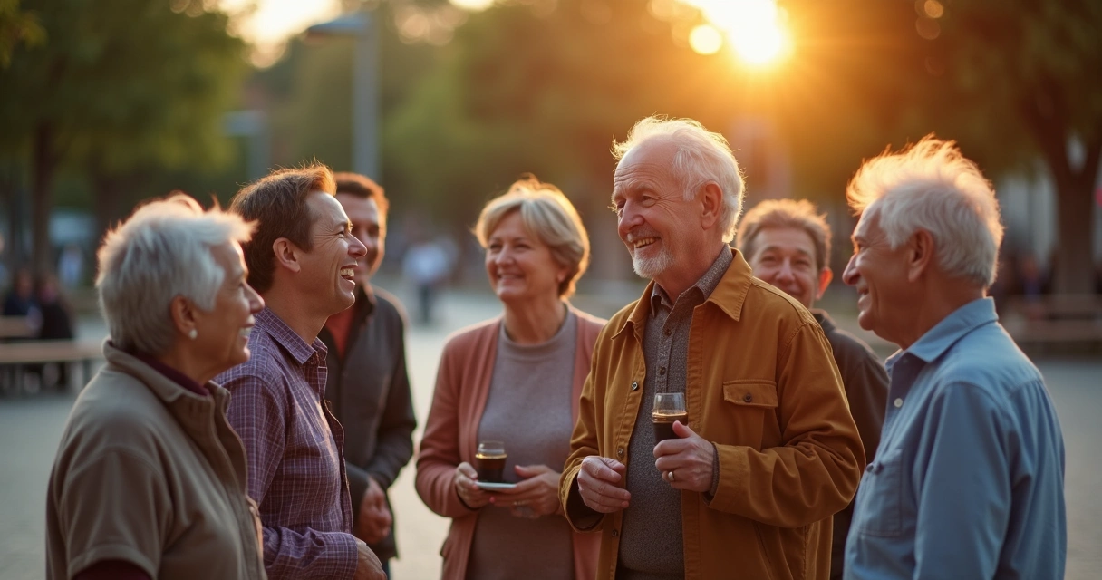 Grupo de personas riendo en una plaza al atardecer 