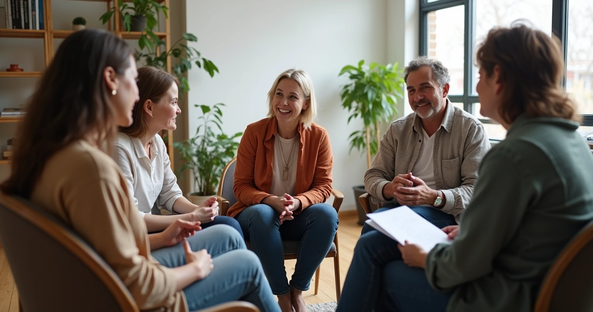 Grupo de colaboradores em roda de conversa sobre bem-estar 