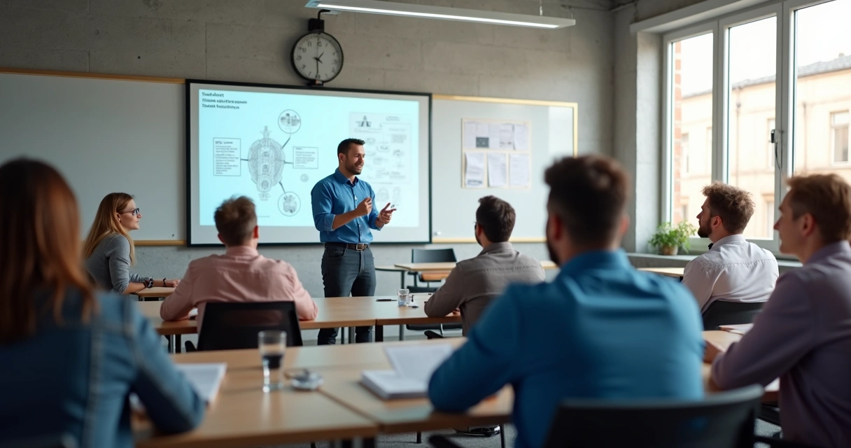 Profissional apresenta conteúdo de NR 1 presencial em sala de aula para adultos