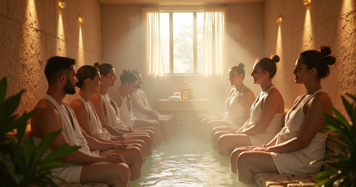 Grupo em ritual de sauna hammam spa contemporâneo 