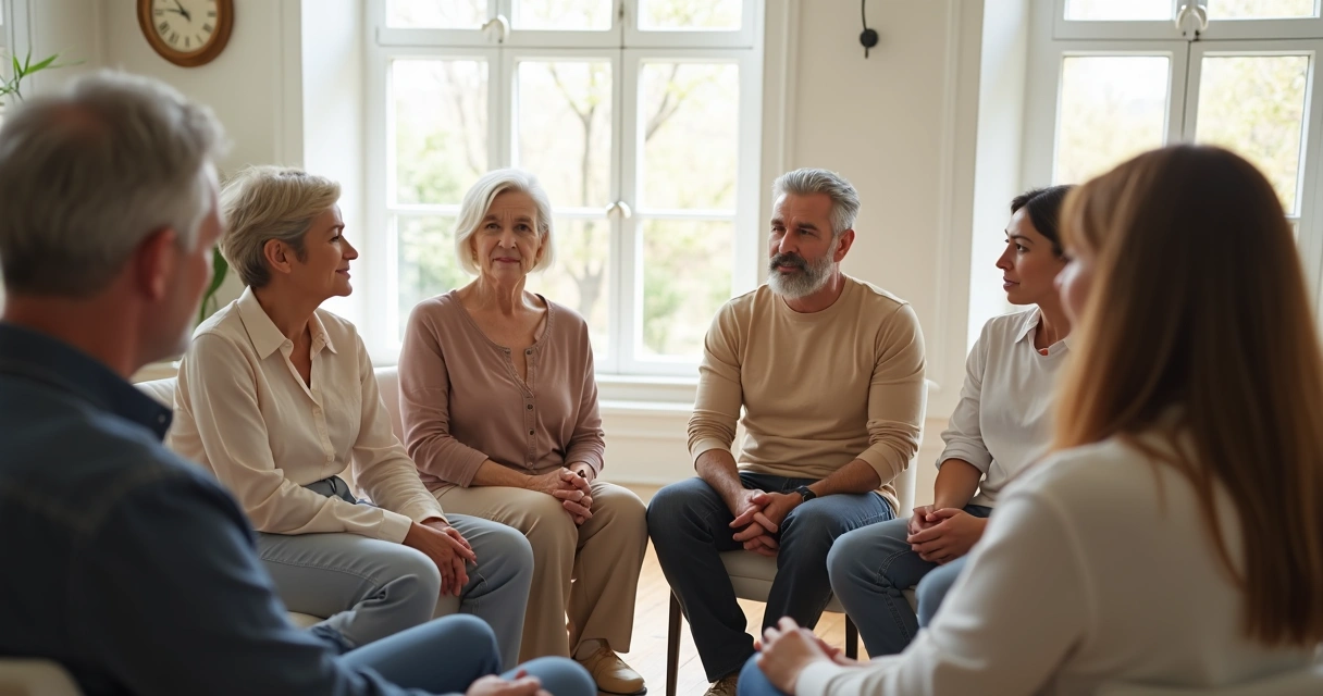 Pessoas sentadas em roda em ambiente iluminado, conversando de forma acolhedora. 