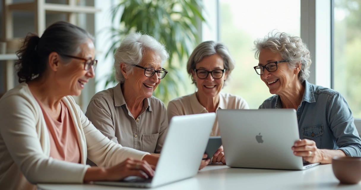Grupo de mulheres maduras aprendendo tecnologia juntas 
