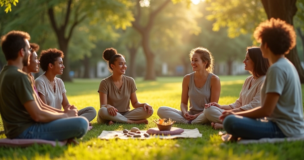 Grupo diverso sentado em roda ao ar livre compartilhando conexão e pertencimento 