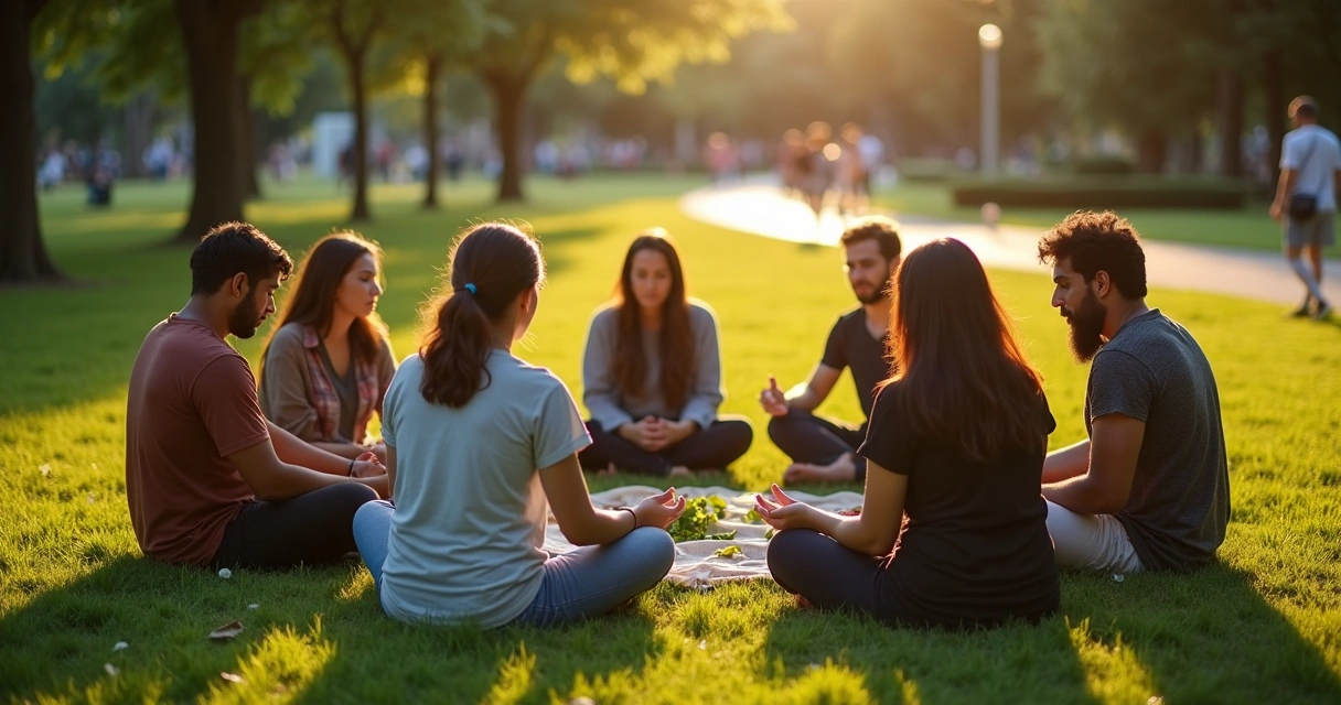 Grupo sentado em círculo em parque urbano praticando silêncio consciente juntos 