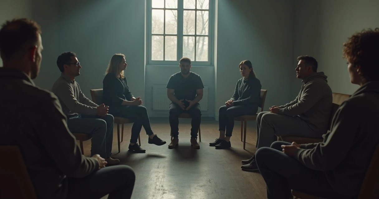 Grupo sentado em círculo com expressão séria em sala de luz baixa