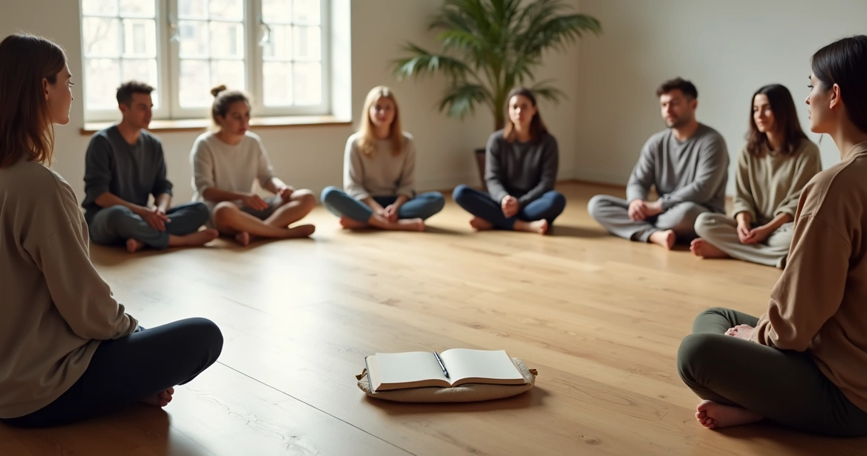 Grupo em sala ampla sentado em silêncio durante aprendizado coletivo 