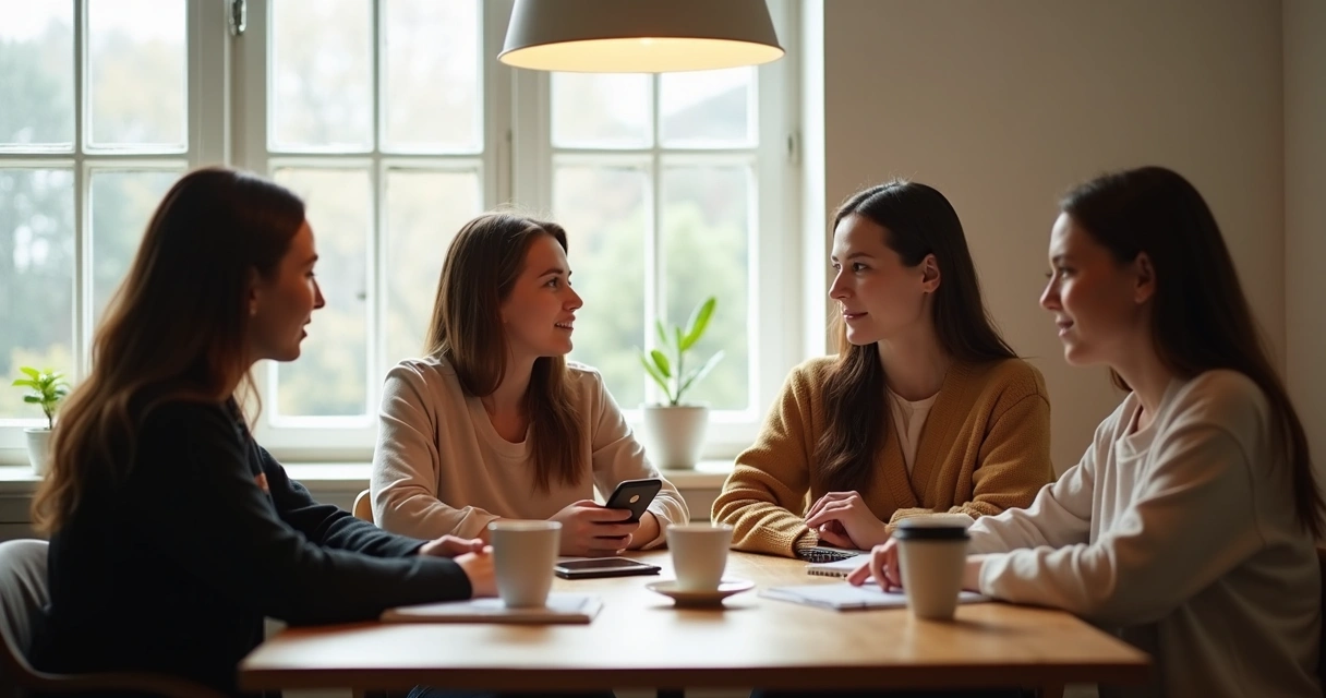 Grupo conversando sin móviles en una mesa con luz natural