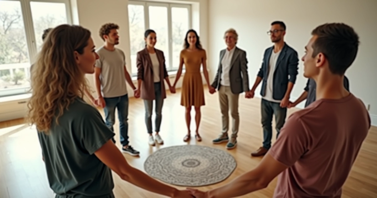 Grupo diverso em círculo dando as mãos em ambiente iluminado 