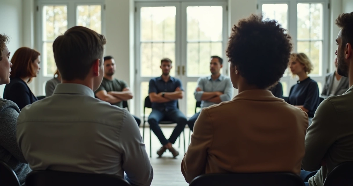 Pessoas em círculo conversando em ambiente iluminado