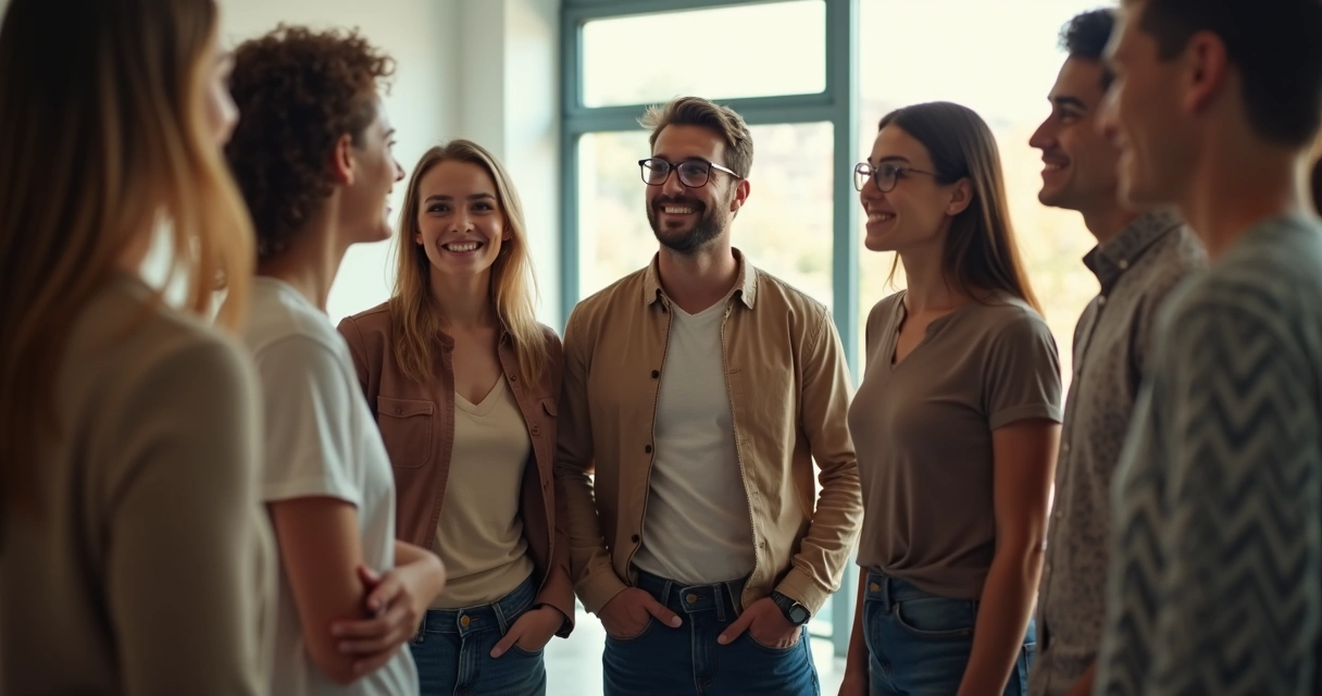 Personas interactuando mientras una persona permanece aislada a un lado. 