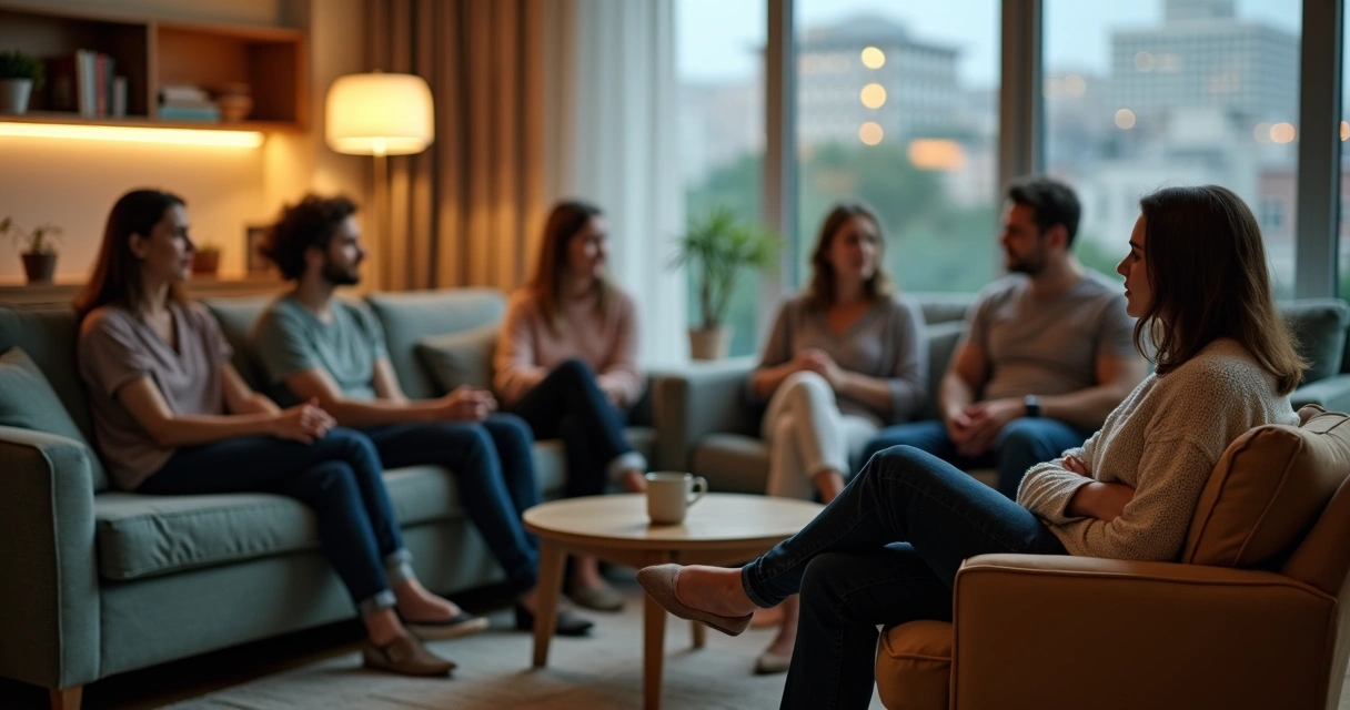 Grupo de pessoas em roda com um membro levemente afastado em um ambiente social moderno 