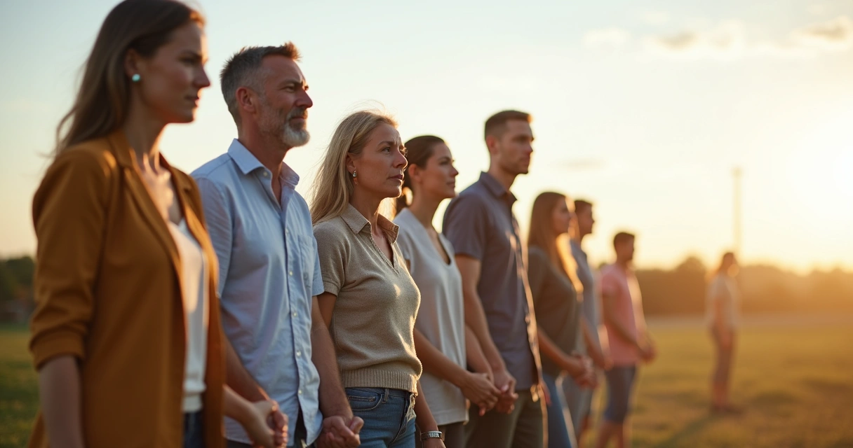 Pessoas de mãos dadas, olhando para frente, expressão determinada 