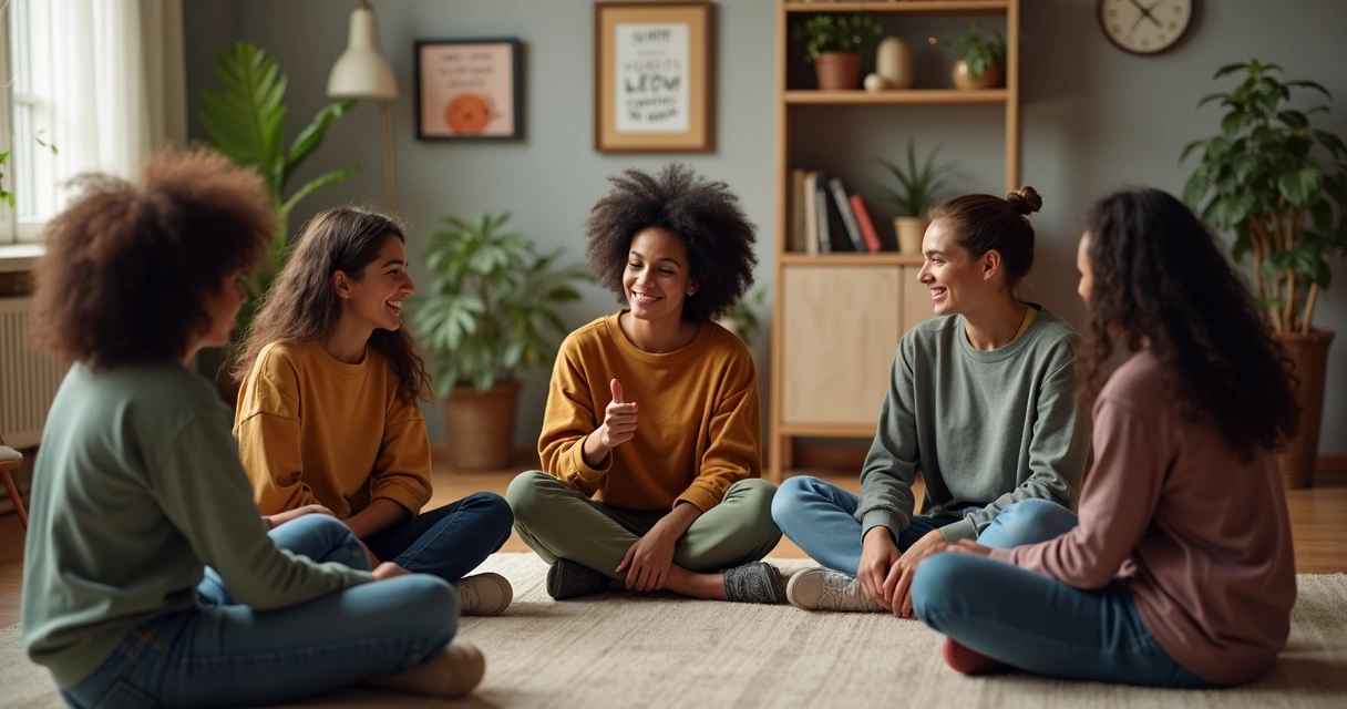 Grupo de jovens conversando em círculo 