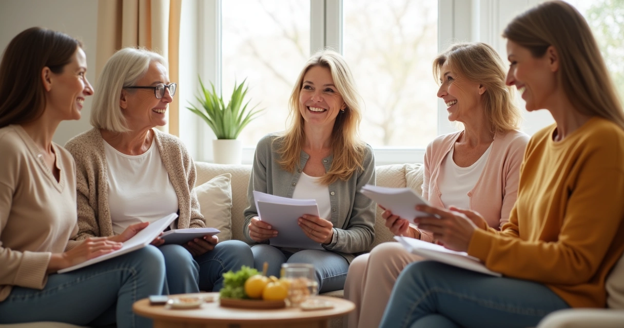 Grupo de mulheres sorrindo em reunião de apoio alimentar 