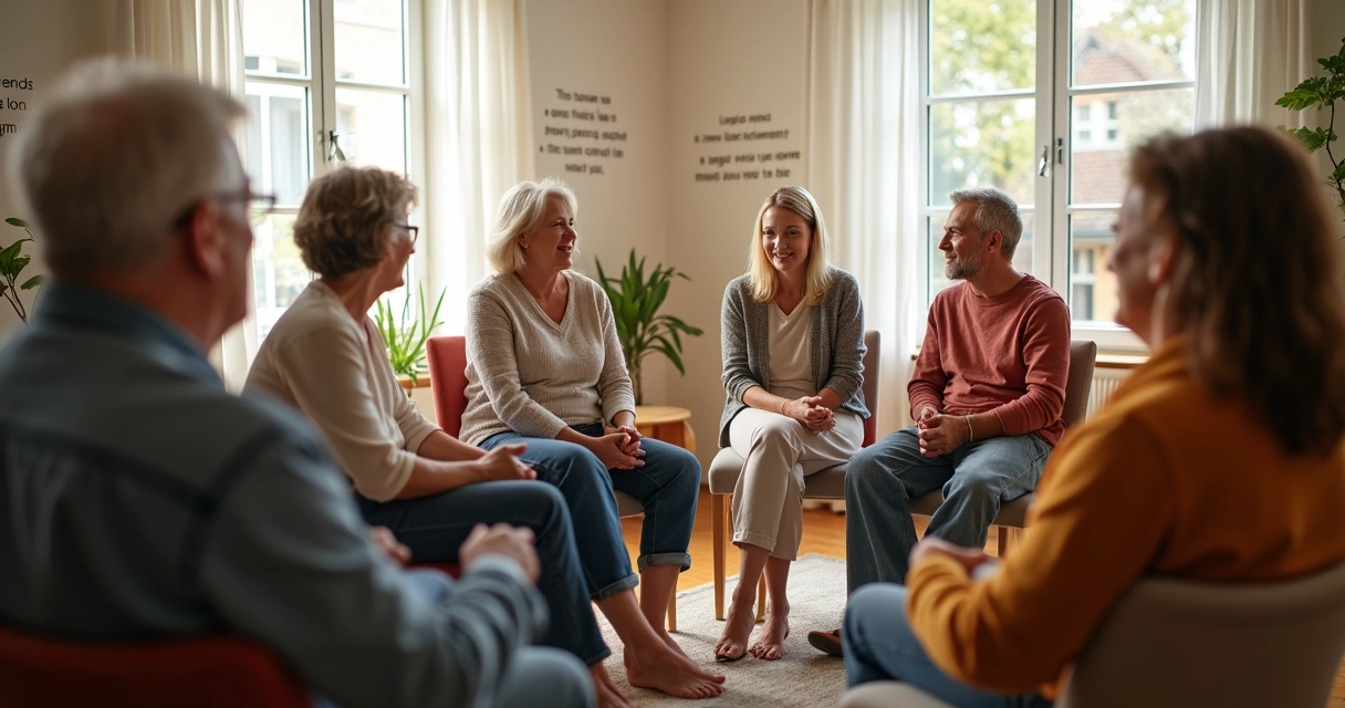 Participantes sentados em roda em uma sala, interagindo 