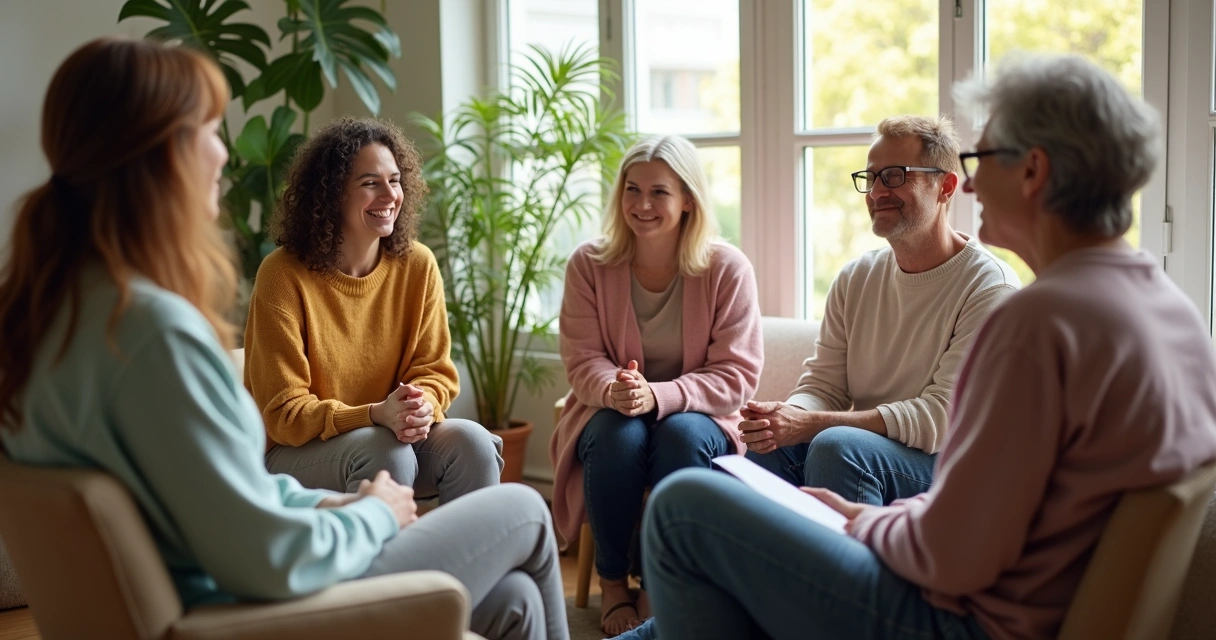 Grupo sentado em círculo conversando e apoiando uns aos outros 