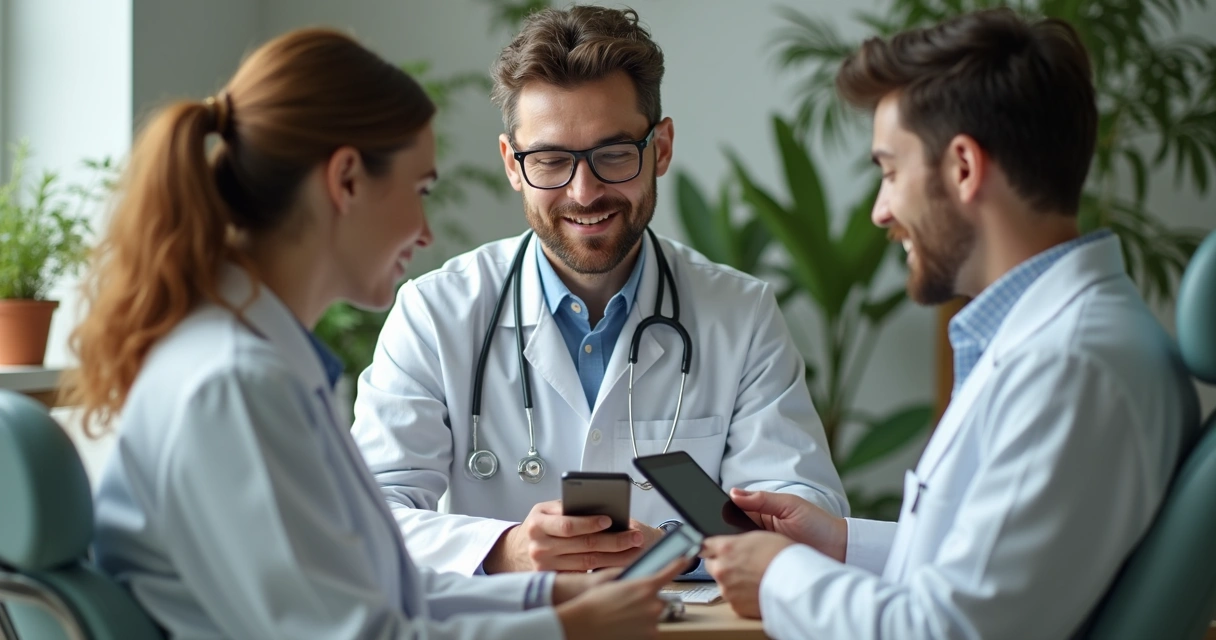 Equipe odontológica conversa com pacientes em grupo online de acompanhamento pós-avaliação, usando tablets e smartphones. 