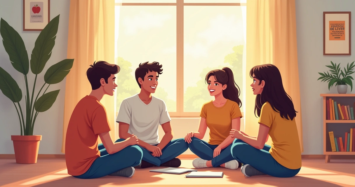 Grupo de estudantes reunidos em círculo conversando e apoiando uns aos outros.