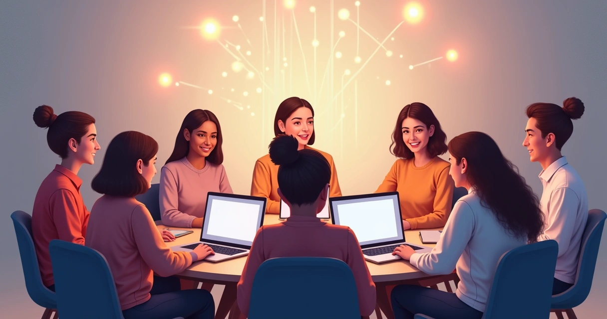 Grupo de pessoas sentadas em círculo, interagindo entre si em um ambiente virtual simulado 