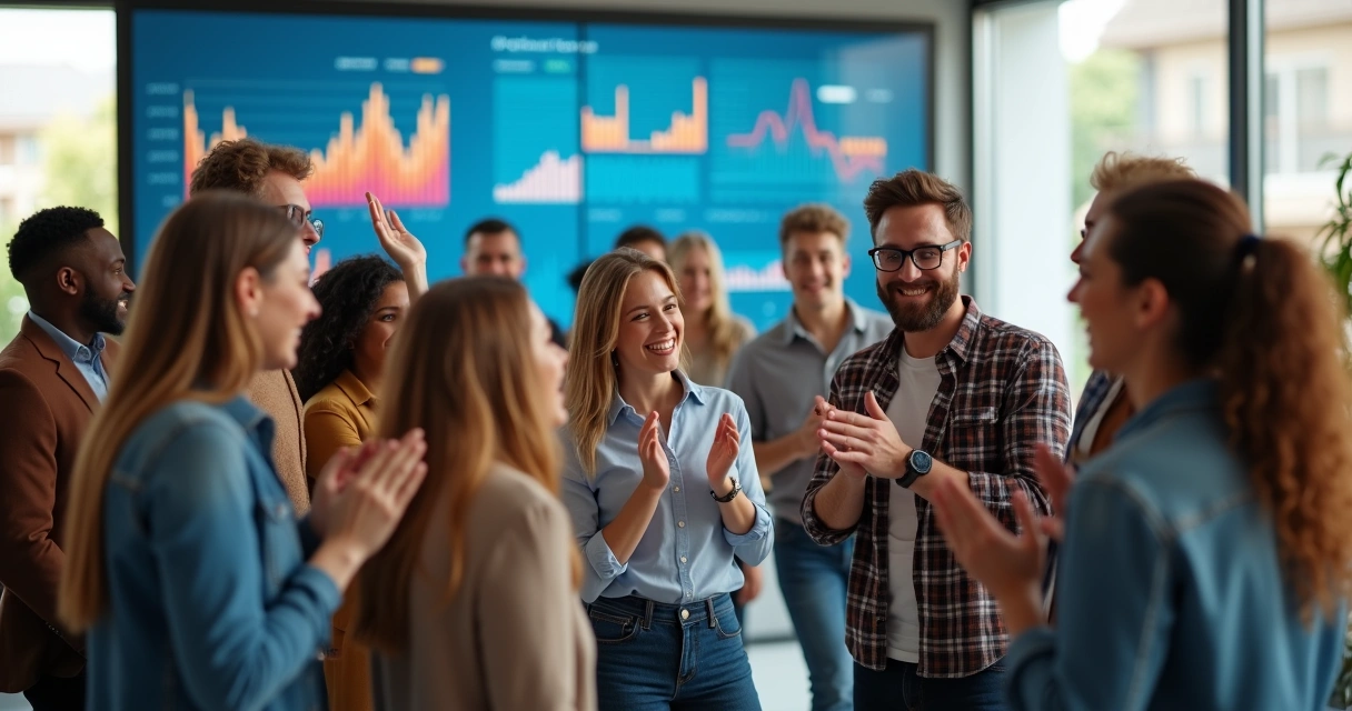 Grupo de talentos comemorando resultado no escritório 