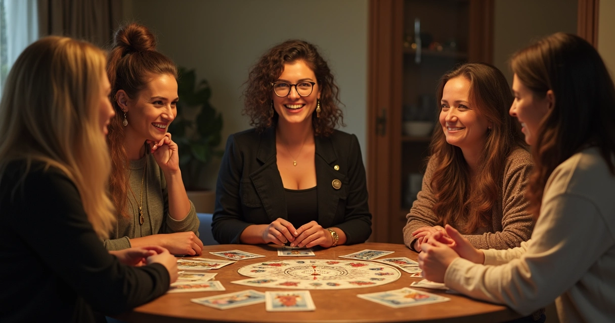 Amigas reunidas ao redor de uma mesa, sorrindo, com cartas de tarot espalhadas 