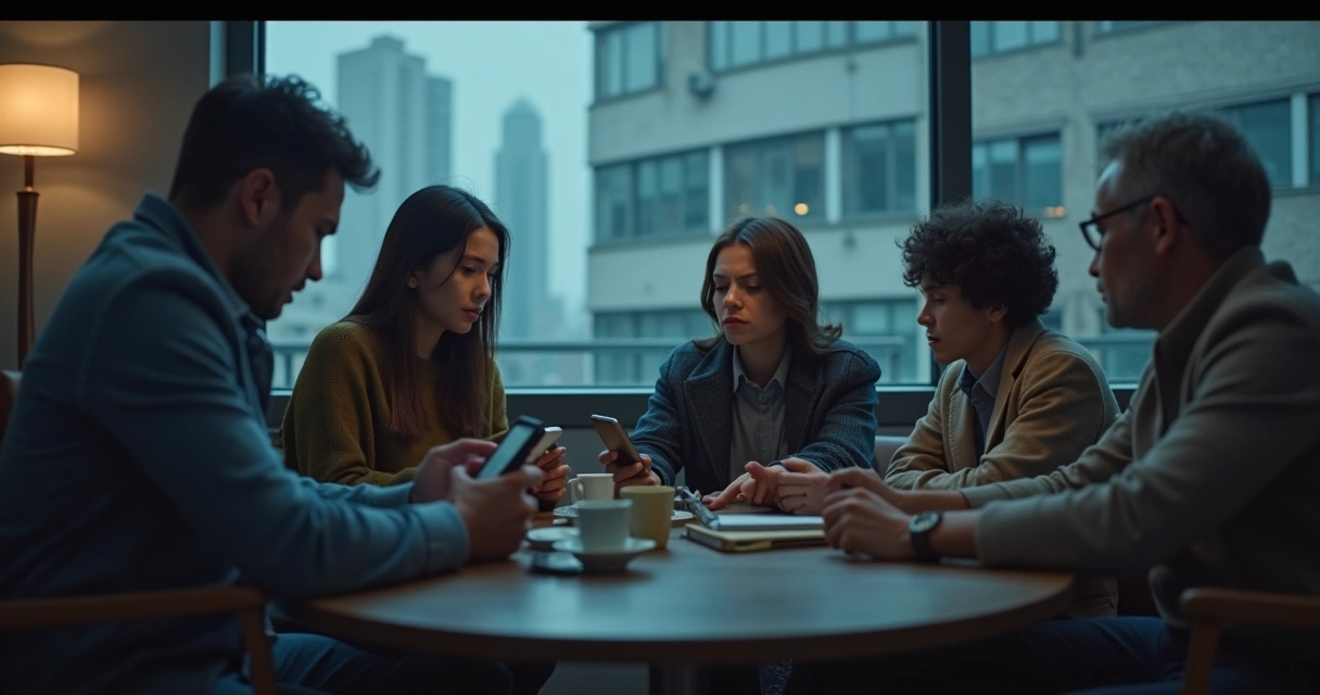 Grupo olhando celulares em ambiente tenso