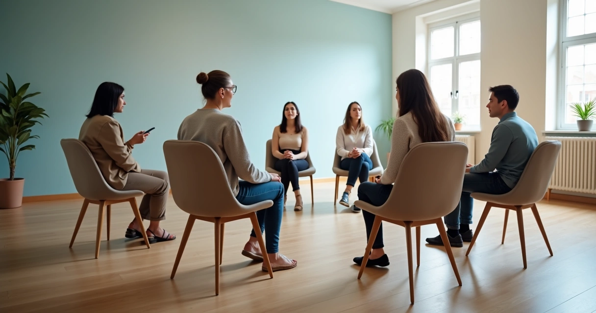 Grupo em círculo com cadeiras vazias em sala clara