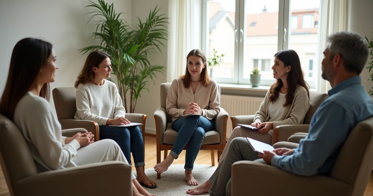 Pessoas sentadas em círculo em grupo terapêutico