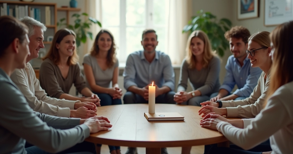 Círculo de terapia em grupo com gesto de sigilo ao centro 