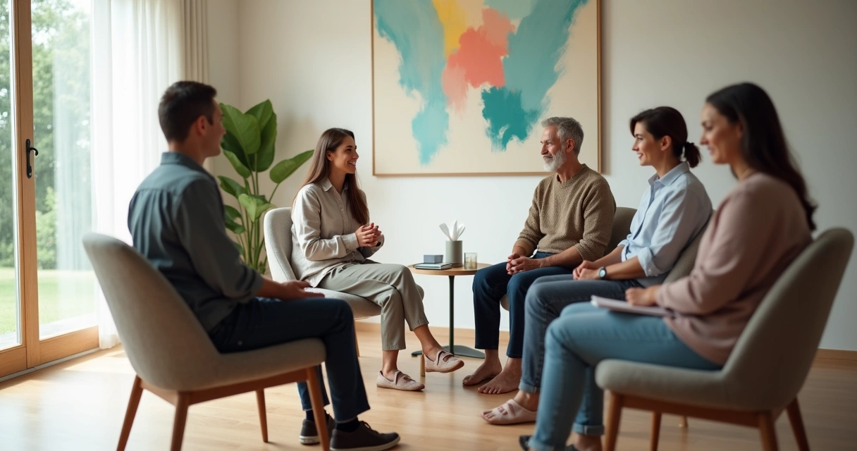 Círculo de pessoas em grupo terapêutico oferecendo apoio emocional a um participante 