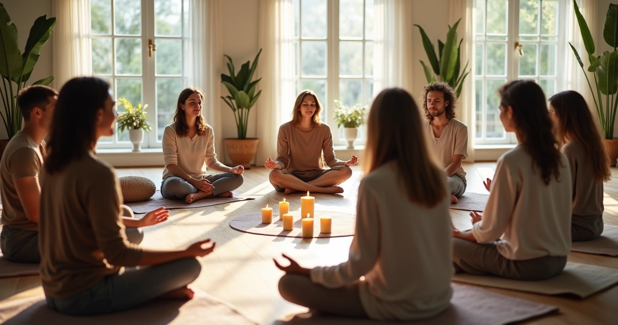 Grupo de pessoas sentadas em círculo durante uma roda de terapia alternativa. 