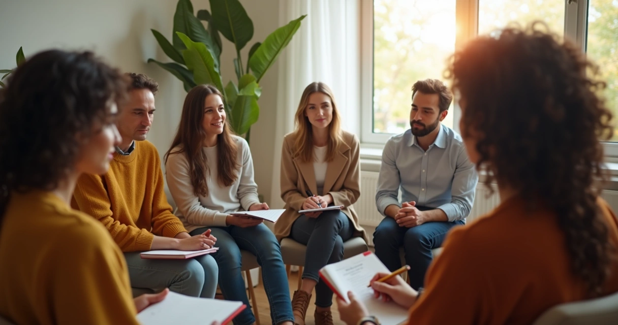 Personas en círculo en una sala de terapia 