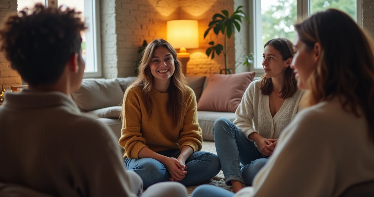 Pessoas sentadas em círculo dividindo experiências em um grupo de apoio 