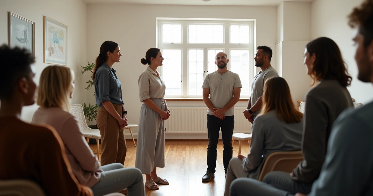 Grupo en terapia de constelaciones familiares, personas de pie observando a otros en el centro de una sala luminosa 