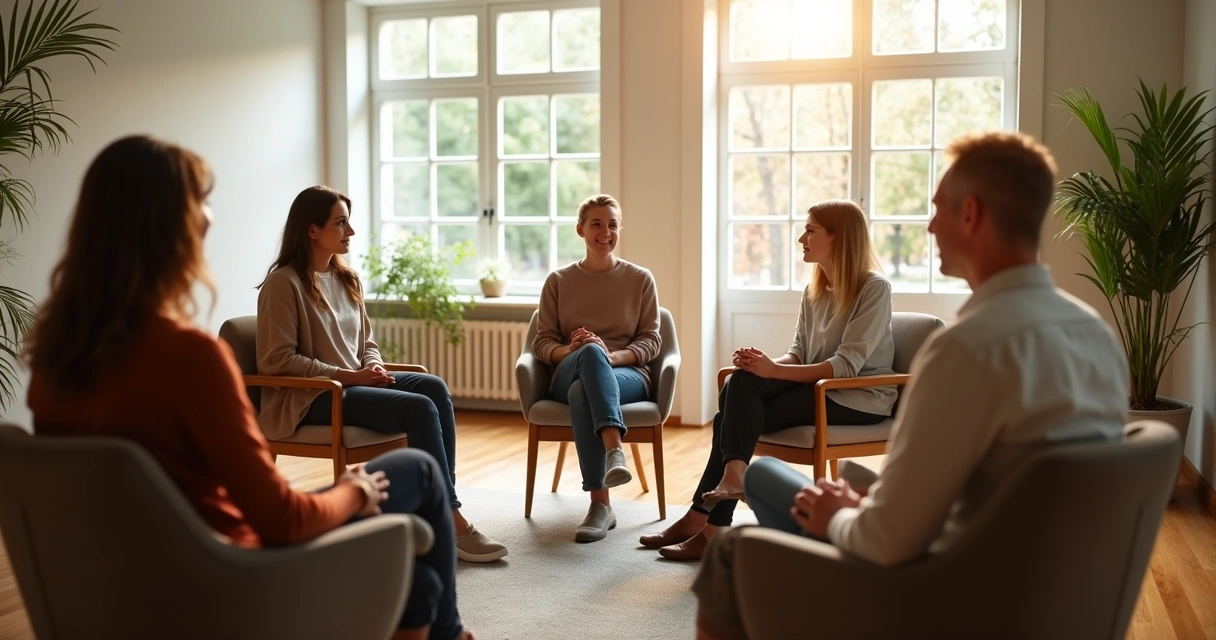 Grupo sentado formando círculo conversando em ambiente tranquilo 