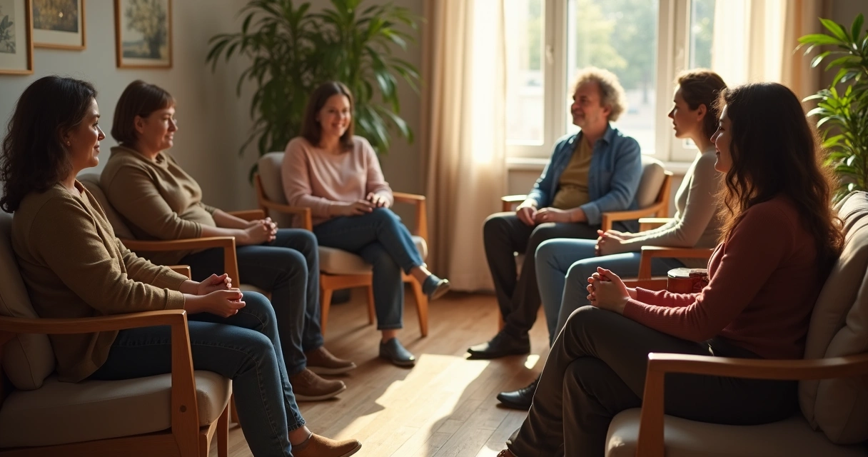 Pessoas sentadas em círculo durante sessão de terapia em grupo 