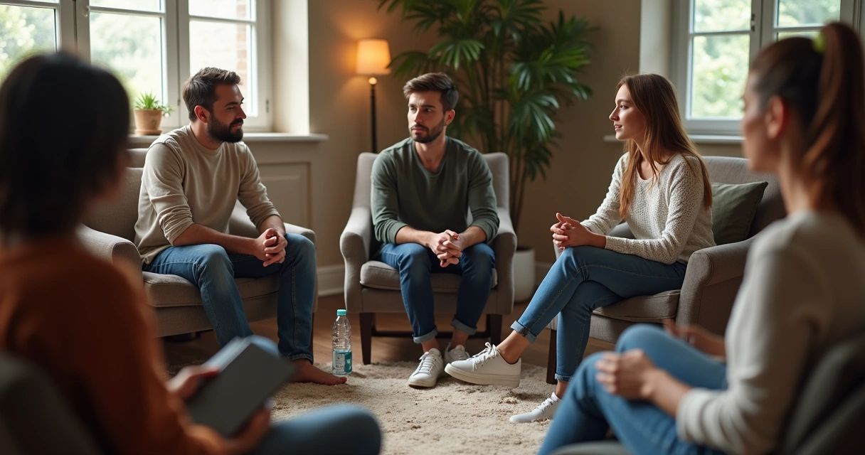 Grupo reunido em roda, compartilhando ideias em ambiente tranquilo 